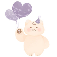 cute kawaii funny cat with balloon watercolor illustration Hand drawn happy birthday purple party Good  baby shower nursery for posters, t shirts, postcard