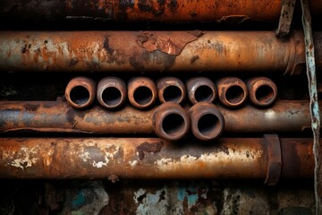 Rusty deteriorated pipes water system. Scrap metal tube covered with orange rust. Generate ai
