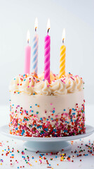 Colorful delicious Birthday cake with lit candles, sprinkles, frosting and cream. Concept of celebrating birthdays and home baking. Shallow field of view.