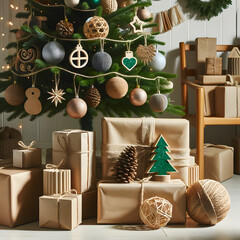 A Christmas tree with elegant ornaments and gifts wrapped in kraft paper, with crafting supplies and candles