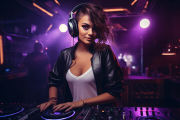 Obraz na płótnie Canvas Beautiful female DJ wearing headphones enjoying listening to music in light color studio.