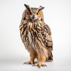 Fototapeta premium Brown owl portrait, isolated on white background. Eurasian Eagle-Owl, Bubo bubo, standing in front