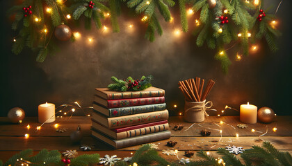 A stack of vintage books adorned with a Christmas garland and surrounded by candles, fairy lights, and cinnamon, capturing a festive ambiance
