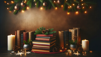 A stack of vintage books adorned with a Christmas garland and surrounded by candles, fairy lights, and cinnamon, capturing a festive ambiance