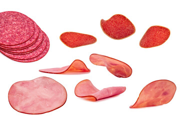 Falling tasty salami isolated on white background.