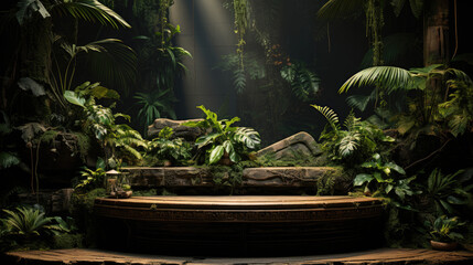 In the heart of a tropical haven, a wooden podium stands proudly, transforming the forest into a living canvas. The vibrant green backdrop enhances the product's elegance.