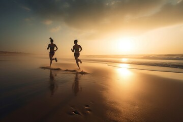 Athletes jogging on the sunset beach view. Morning sport workout running marathon on seashore. Generate ai
