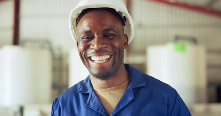 Happy black man, face and engineer at warehouse or factory for maintenance with career ambition. Portrait of African male person, contractor or technician smile with positive attitude or mindset