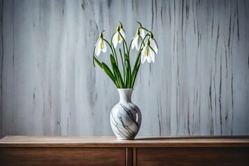 Artistic shot of a single snowdrop in a marble vase, placed near a window, minimalist design, wooden surface background,