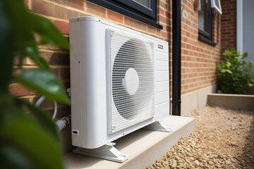 heat pump close up, energy efficiency for heating and cooling house