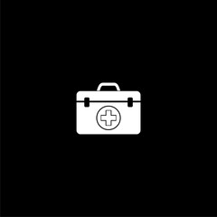 First aid kit, medical box pictogram. First aid kit bag icon isolated on black 