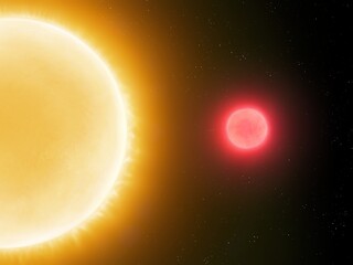 Red dwarf star near the sun. Comparison of luminosity and sizes of stars of different classes. - obrazy, fototapety, plakaty