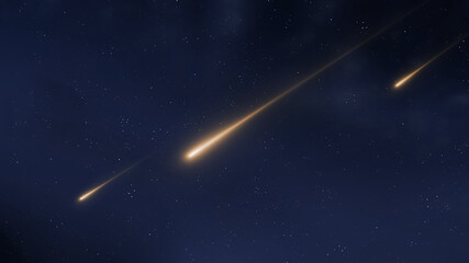 Meteor glowing trail. Observation of celestial bodies. Burning meteorite in the night sky.