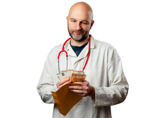 Doctor in white uniform holding yellow envelope and cash money. Bribe and corruption in health care...