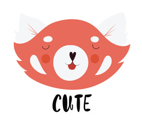Cute hand drawn sleepy baby red panda face, showing little tongue, with lettering, isolated vector illustration