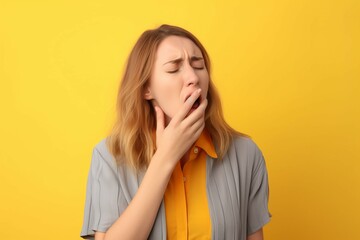 Young woman coughing with hand on mouth. Unhealthy lady with season flu feeling sore throat. Generate ai