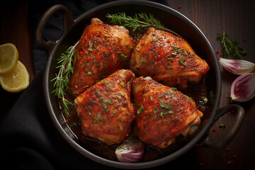 roasted chicken thighs on a plate with herbs and spices - obrazy, fototapety, plakaty