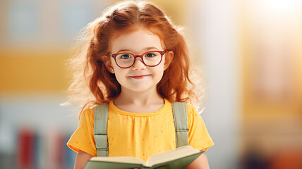 Cute smiling kindergarten girl with red curly hair in gasses holding a book. Reading learning homeschooling home education illiteracy campaign banner - obrazy, fototapety, plakaty