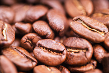 Brown roasted coffee beans, seeds on a dark background. Espresso dark, aroma, black caffeine drink. Close up of isolated energy mocha cappuccino ingredient.