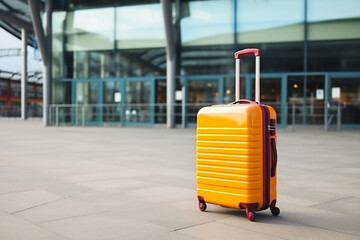 Yellow suitcase in front of an airport building. Traveling holiday getaways vacation concept