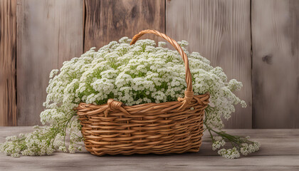 Fototapeta na wymiar alyssum basket on a wooden background