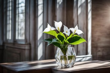 Artistic shot of a single trillium in a crystal vase, placed near a window, minimalist design, wooden surface background