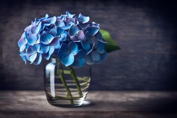 closeup of a single hydrangea in a clear glass vase, placed on an ash wooden surface background