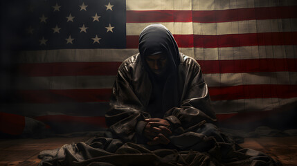 Beggar in the United States, a sad beggar sits with his head down in dirty clothes, with a United States flag in the background. - obrazy, fototapety, plakaty