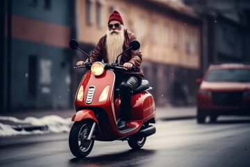 Old man with long beard driving with moto scooter on a street