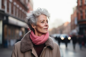 Mature woman walking in the city. Shallow depth of field.