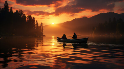 Fishermen in Boat at Scenic Sunset on Lake