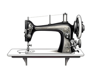 Illustration of a black manual retro sewing machine with, isolated on white background 