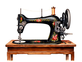 Watercolor illustration of a black manual sewing machine with flower design, isolated on white background 