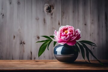 Artistic shot of a single peony in a ceramic vase, placed near a window, minimalist design, wooden surface background4k,
