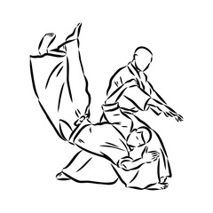 Aikido combat between athletes, stylized vector illustration