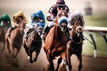 Horse racing, horses and jockeys fight for first place on the racetrack, sun rays. - obrazy, fototapety, plakaty