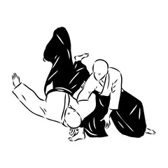 Aikido combat between athletes, stylized vector illustration