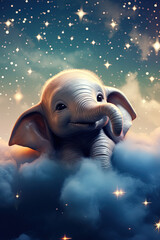 Baby elephant in the clouds. Postcard. Generative AI