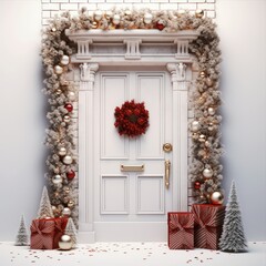 Fototapeta na wymiar A wooden door decorated for Christmas isolated on white background.