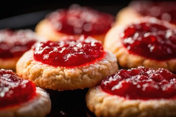 still life of cookies with jam on a wooden table, dark background, delicious pastries