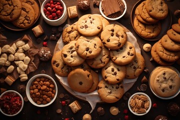 still life of cookies with chocolate on a wooden table, dark background, delicious pastries - obrazy, fototapety, plakaty