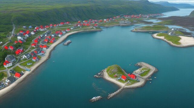 Amazing aerial view of the Uttian beach view on Norwegian Froya island. Fisherman's Cabins - red rorbu by the fjord.