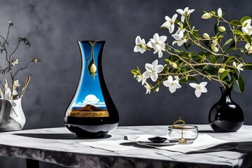 artistic shot of a single jasmine in a black ceramic vase, placed on a dining table, minimalist...