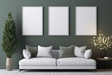 Modern minimalistic stylish living room with large sofa and pillows. Сhristmas tree in pot, flowers in vase on table, three white poster frames on green wall background, mock up. New year home decor 