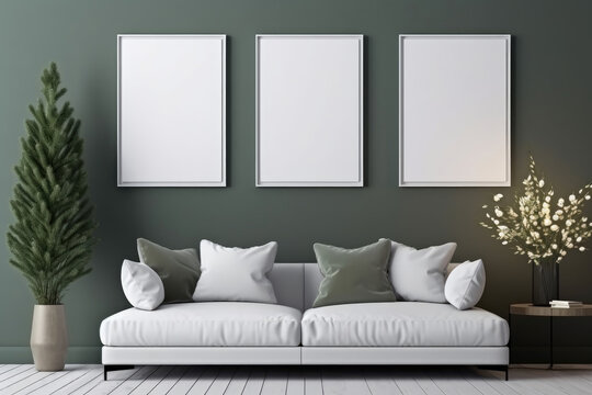Modern minimalistic stylish living room with large sofa and pillows. Сhristmas tree in pot, flowers in vase on table, three white poster frames on green wall background, mock up. New year home decor 