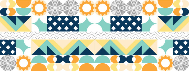 Geometric minimal pattern mosaic. Simple colorful circle shapes, modern bauhaus banner vector design