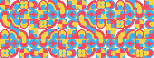 Red blue and yellow geometric mosaic seamless pattern illustration with creative abstract shapes.