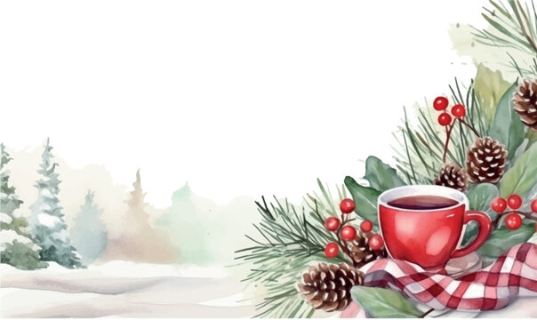 watercolor cup of coffee with christmas decorations