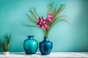 Artistic shot of peacock orchid in a turquoise ceramic vase, placed on a marble pedestal, minimalist design, elegant indoor interior background,