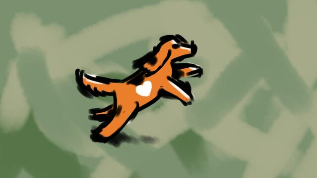 Red dog with white heart on side is running. Loop animation. Looped 4K animated video on green khaki background. Orange wool. Expressive sticker. Concept of pet care, domestic animal, joy, fun, love